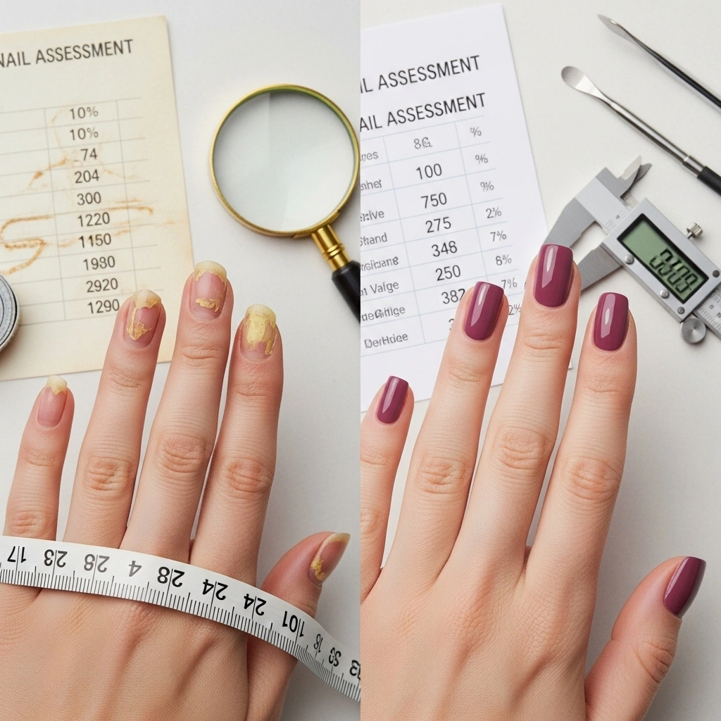 Split screen comparison showing damaged brittle nails before and healthy glossy nails after using Zoya Fall 2025 Collection with professional nail assessment tools