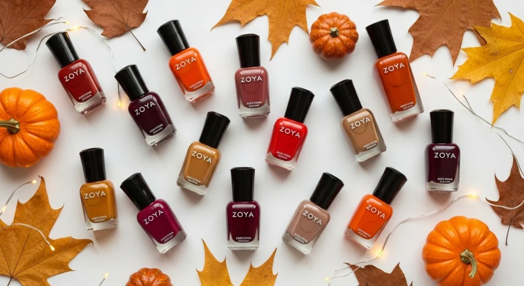 Twelve Zoya Fall 2025 Collection nail polish bottles arranged in elegant flat lay with autumn leaves, displaying rich burgundy, burnt orange, and golden amber colors on white background