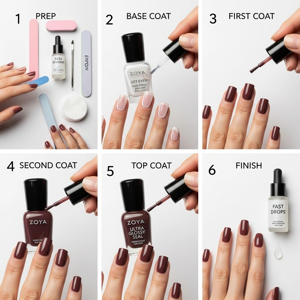 Professional product comparison chart showing Zoya Fall 2025 Collection 8.7/10 rating with performance bars comparing durability, application, and nail health benefits