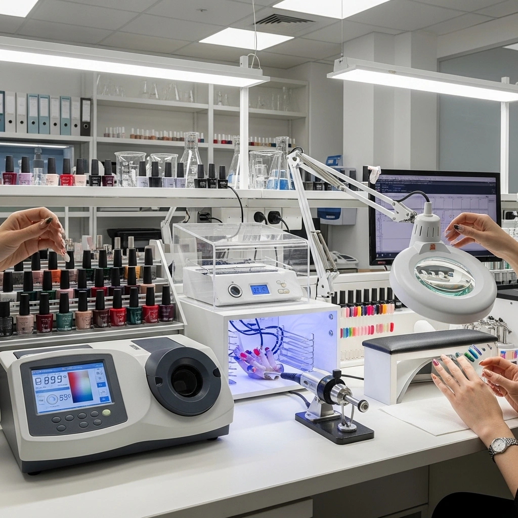Professional nail testing laboratory with color-matching equipment, UV lights, strength testing tools, and hands wearing Zoya Fall 2025 Collection shades