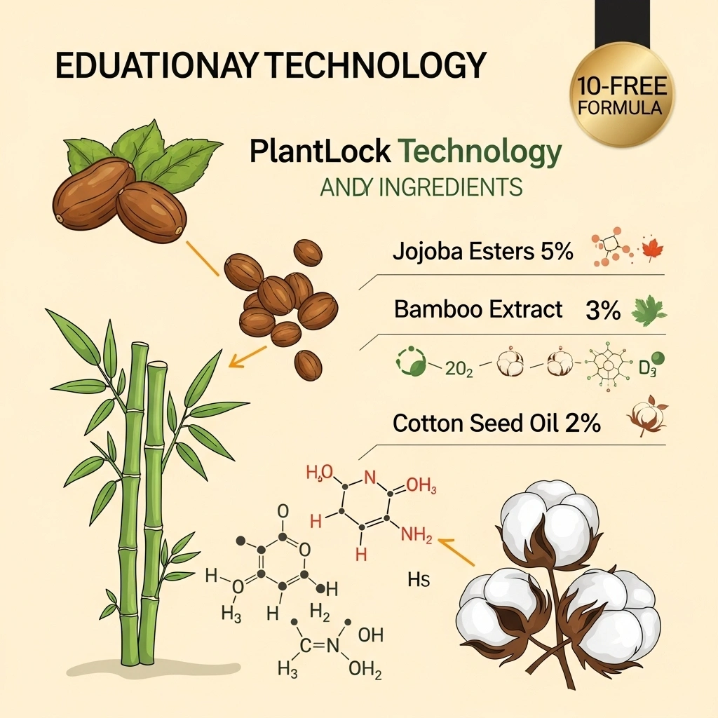 Educational infographic displaying Zoya PlantLock Technology ingredients including jojoba seeds, bamboo, and molecular diagrams with 10-free formula badge