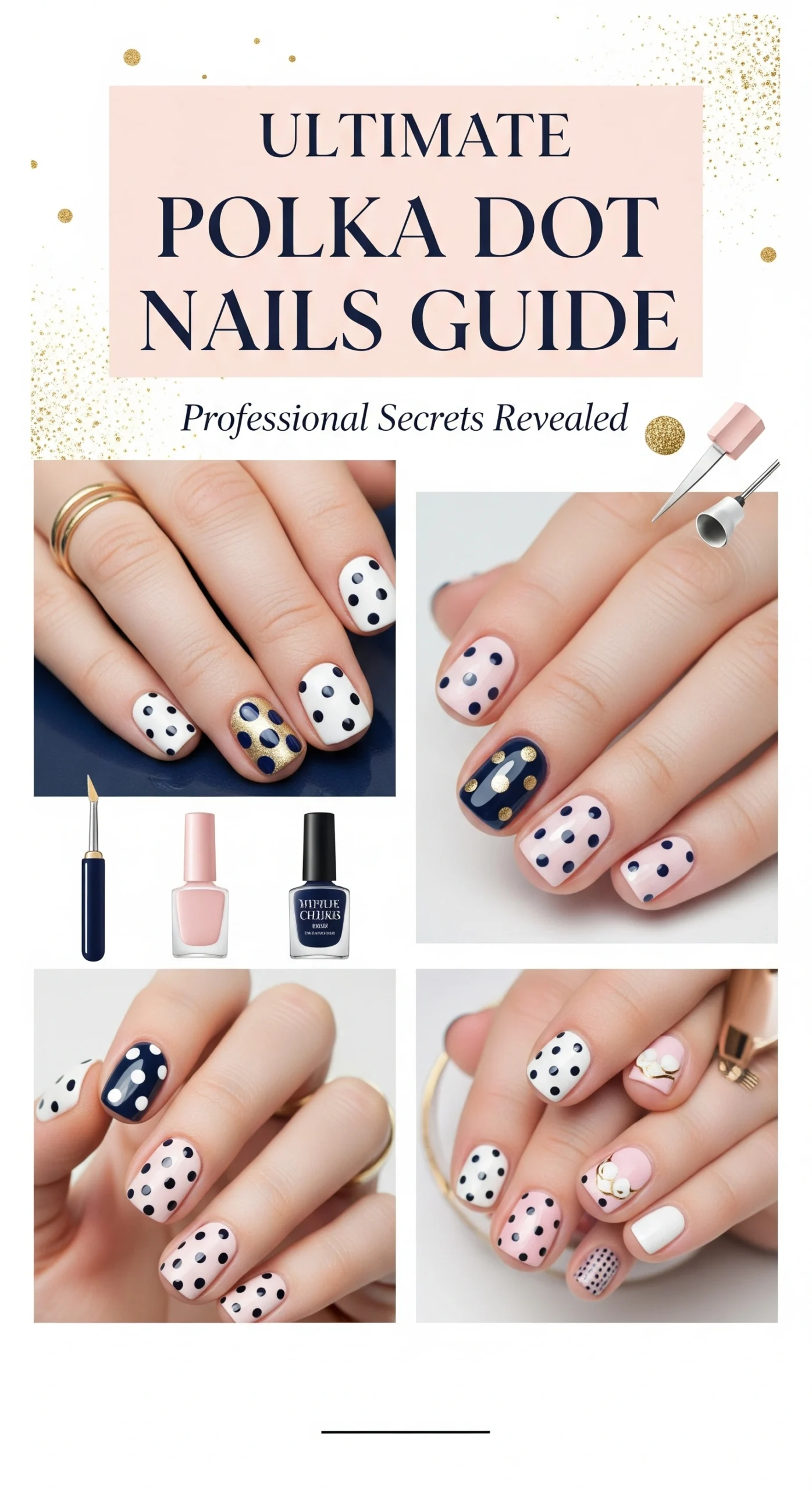 Ultimate polka dot nails guide Pinterest pin featuring tutorial preview with spotted nail art designs and professional nail care tips overlay text