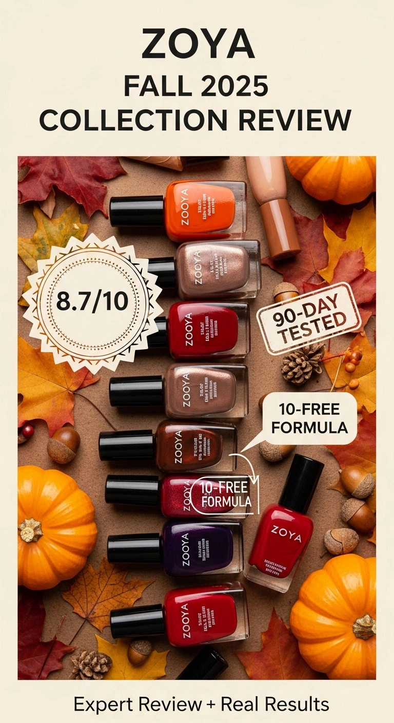 Vertical Pinterest image featuring Zoya Fall 2025 Collection review with 12 nail polish bottles, 8.7/10 rating badge, 90-day tested stamp, and autumn leaves background