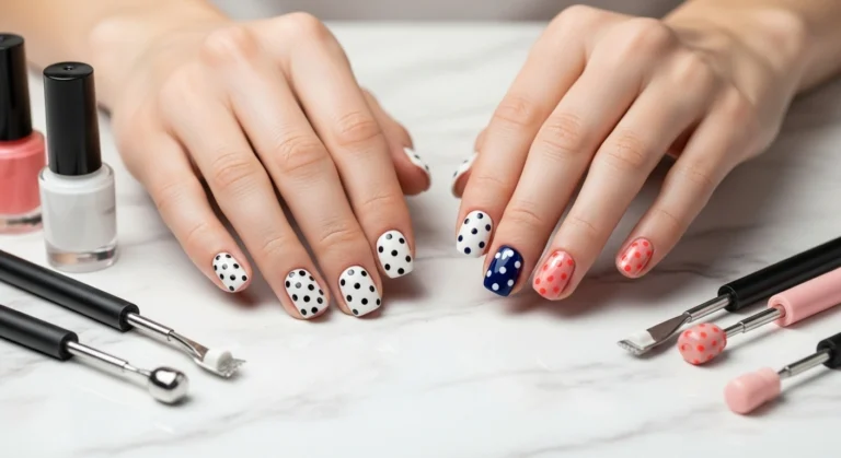 Professional polka dot nails tutorial showing black dots on white base, white dots on navy blue, and coral dots on nude pink manicure with nail art tools