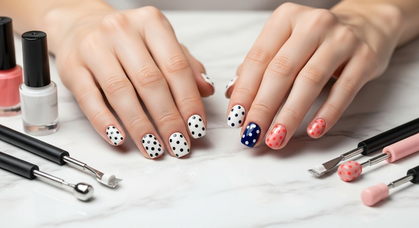 Professional polka dot nails tutorial showing black dots on white base, white dots on navy blue, and coral dots on nude pink manicure with nail art tools