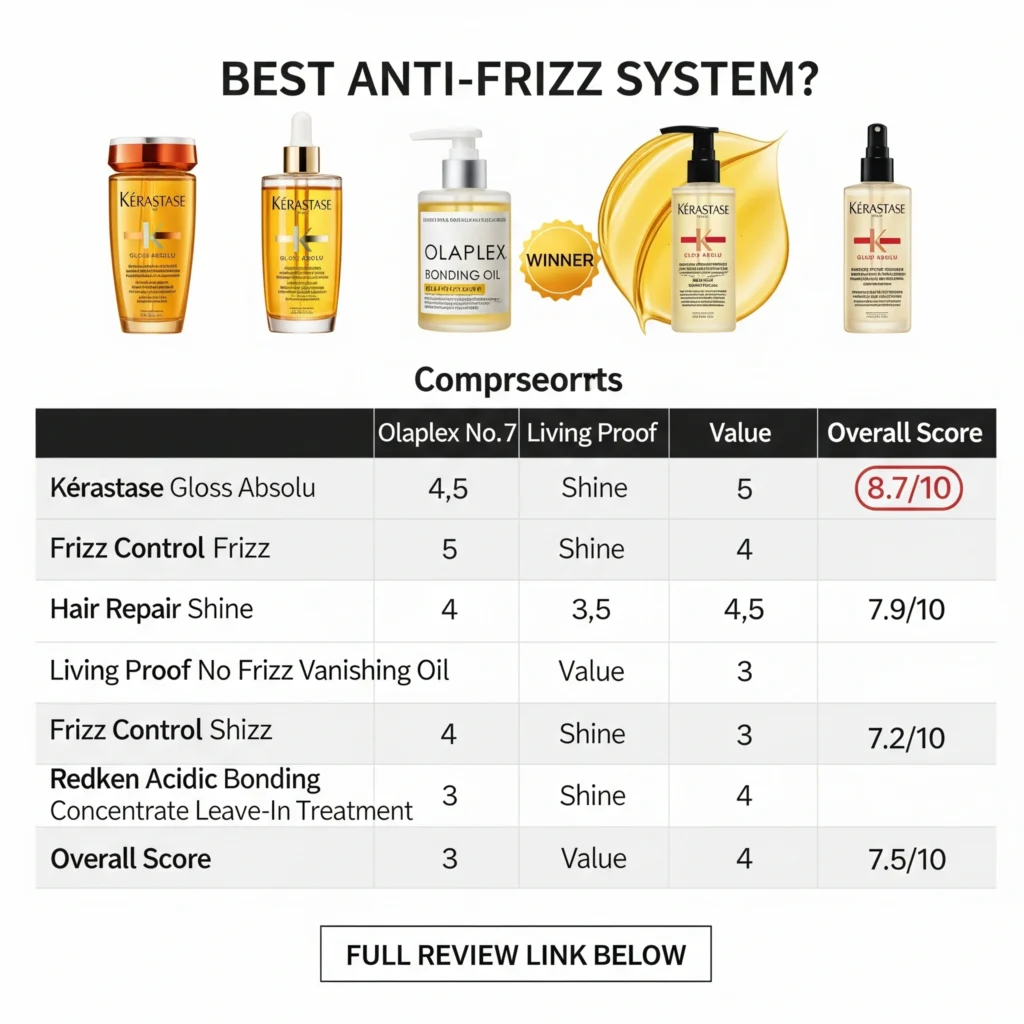 Hair care comparison chart showing Kérastase Gloss Absolu rated 8.7/10 against Olaplex, Living Proof and Redken anti-frizz systems