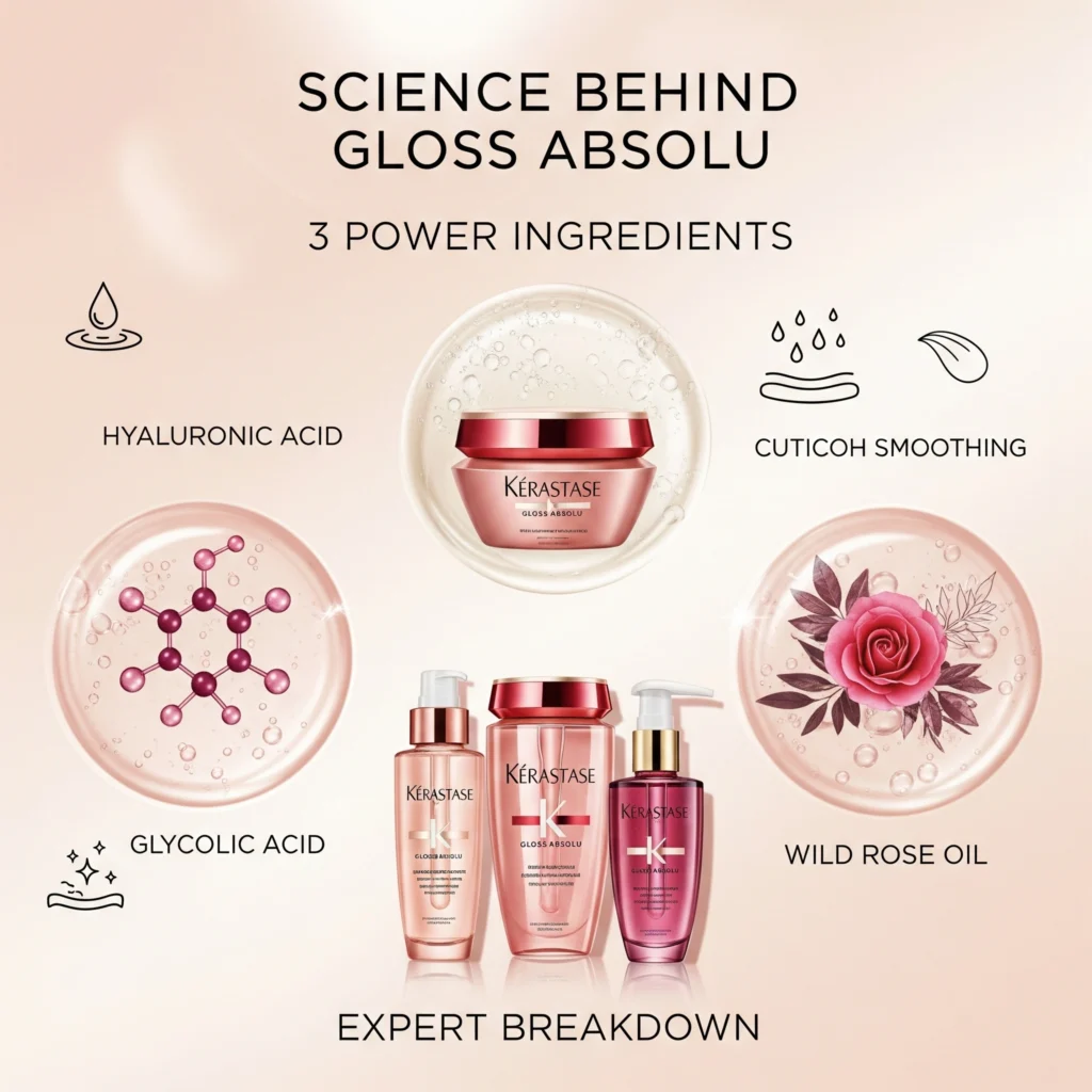 Kérastase Gloss Absolu ingredients breakdown showing hyaluronic acid, glycolic acid, and wild rose oil with scientific benefits explanation