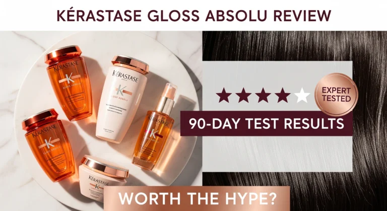 Kérastase Gloss Absolu product review Pinterest pin showing luxury hair care products with 90-day test results and 5-star rating on marble background