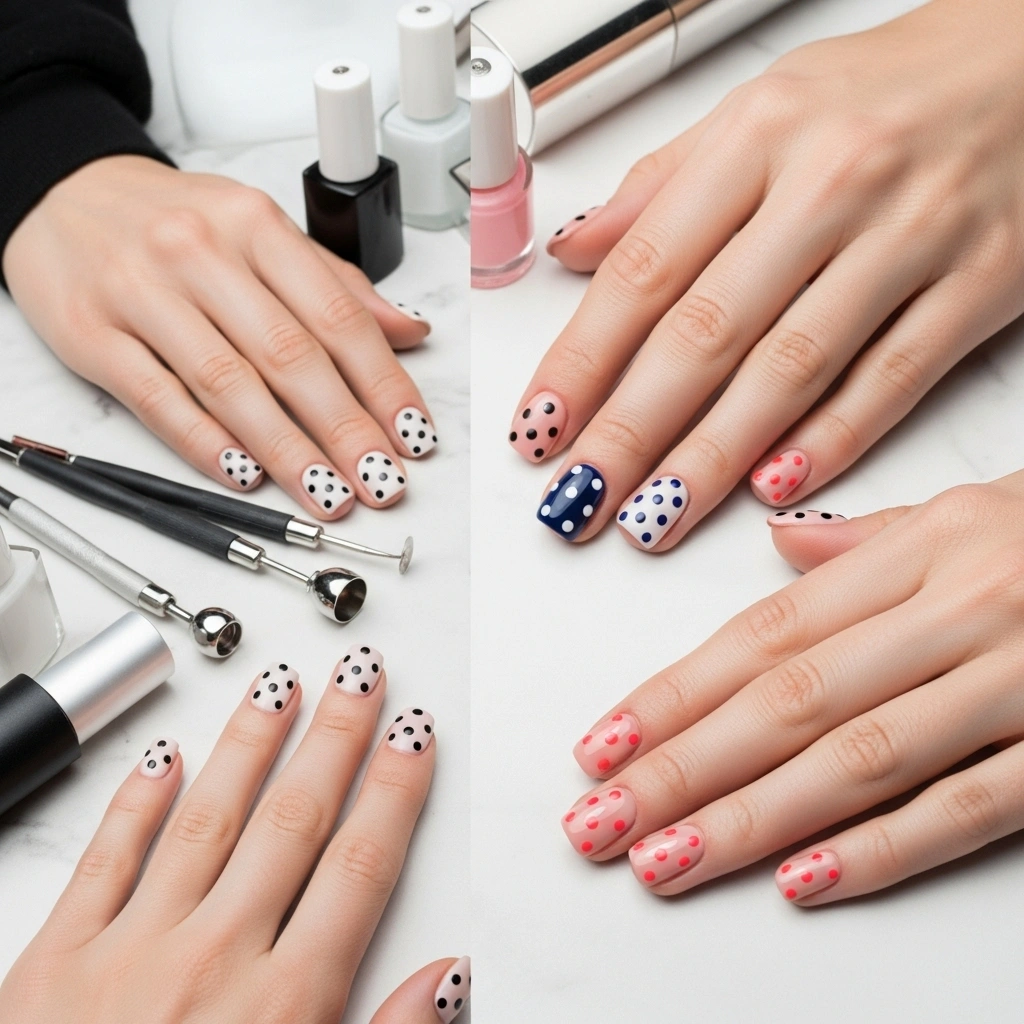 Before and after polka dot nails transformation showing plain nude base color transformed into elegant spotted nail art design with white dots