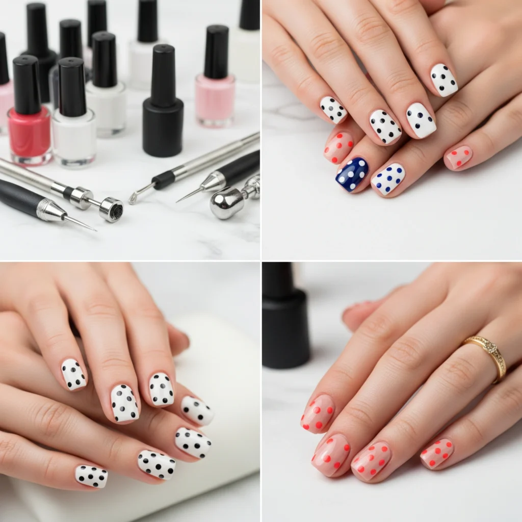 Five different polka dot nail color combinations including black on white, white on navy, gold on blush pink, coral on nude, and silver on gray