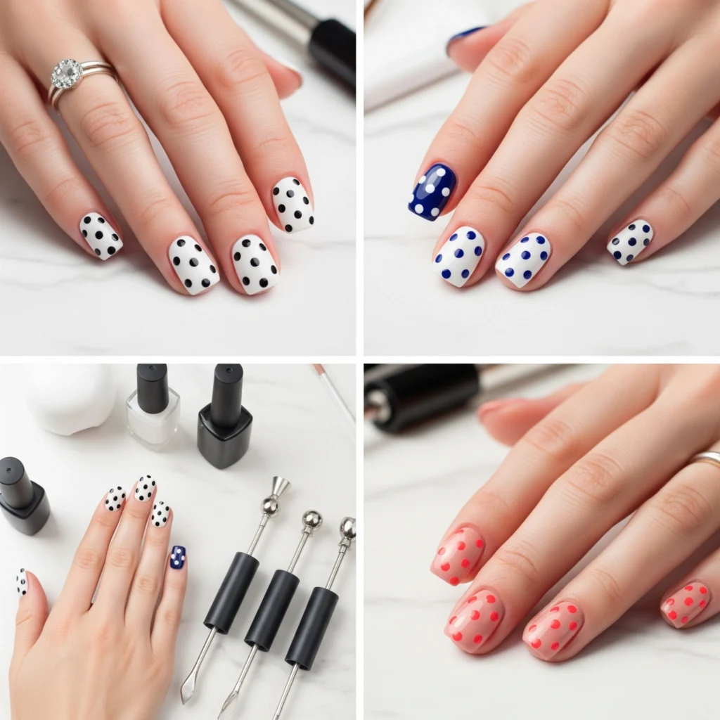 Five different polka dot nail color combinations including black on white, white on navy, gold on blush pink, coral on nude, and silver on gray