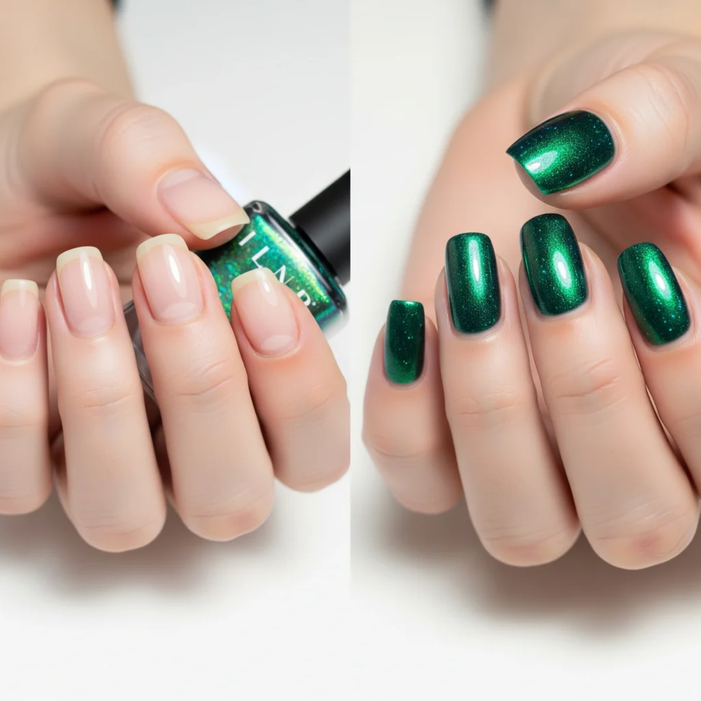 Before and after nail comparison showing natural nails transformed with ILNP Under The Sea polish displaying teal to emerald color shift effects