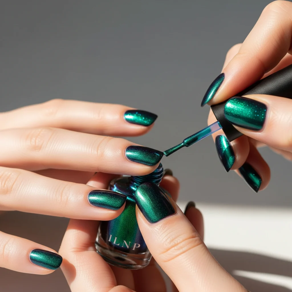 Professional application of ILNP Under The Sea nail polish showing brush technique with multi-chrome formula and holographic particles during beauty routine