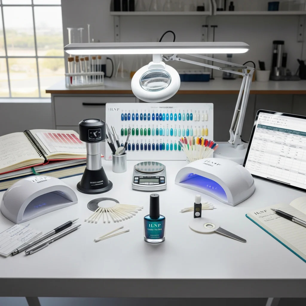 Professional nail testing setup with ILNP Under The Sea bottle, color charts, testing tools, and documentation materials for expert beauty product analysis