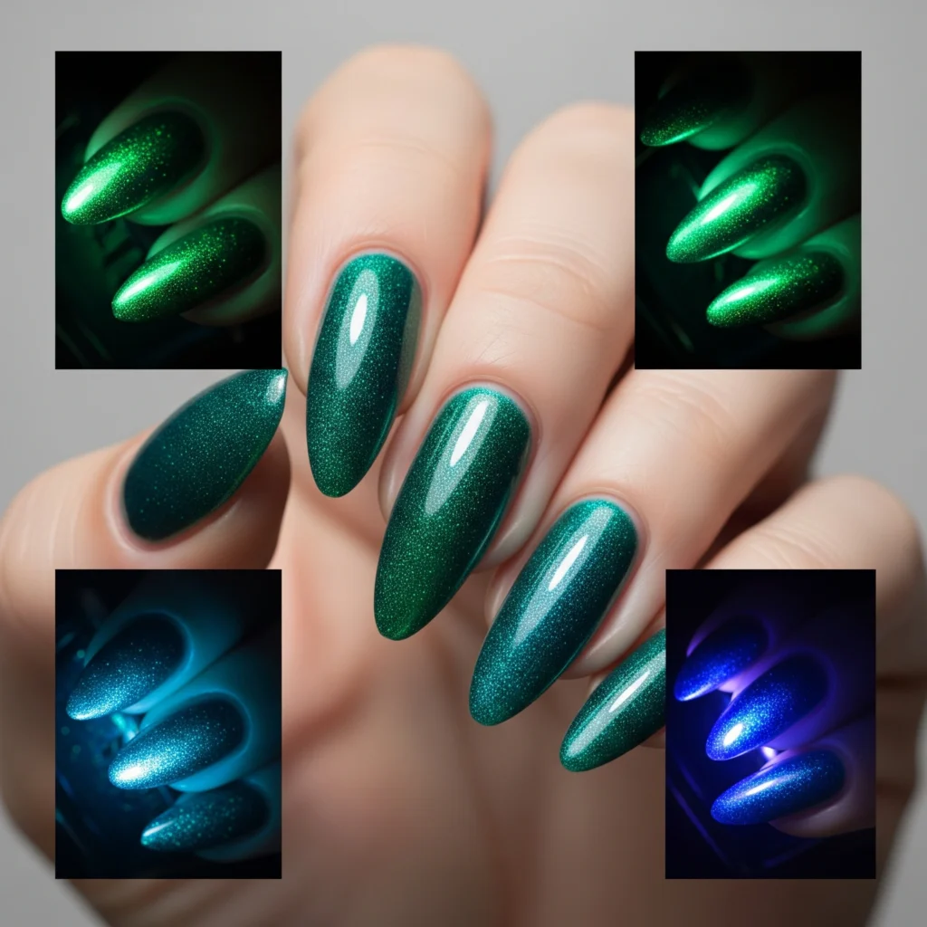ILNP Under The Sea nail polish color shift demonstration showing multiple lighting angles revealing teal, emerald, and sapphire blue transformations with holographic sparkle