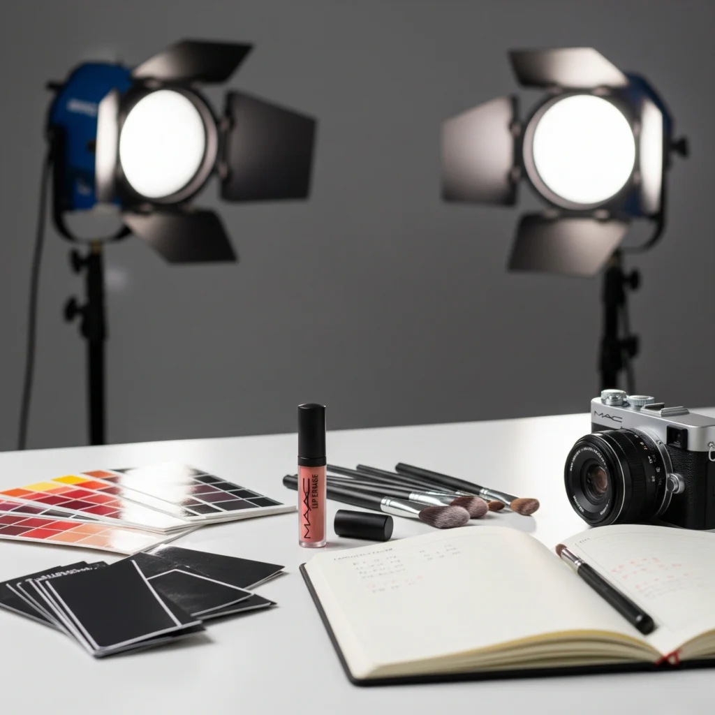 Professional beauty testing workspace showing MAC Pro Lip Erase with color matching tools, brushes, review notes and documentation equipment for expert evaluation