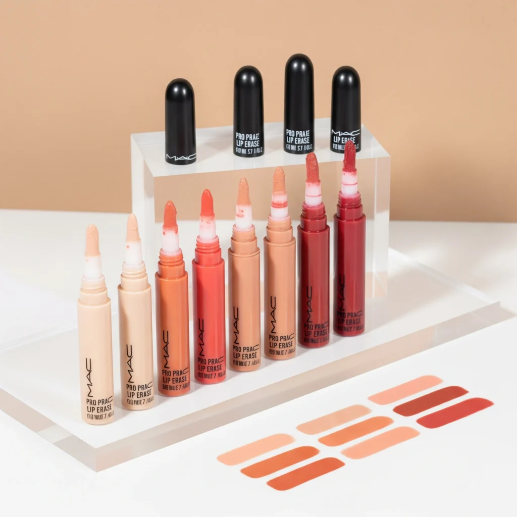 Aesthetic flat lay featuring MAC Pro Lip Erase surrounded by beauty essentials including nude lipstick, makeup brushes and white flowers on marble background