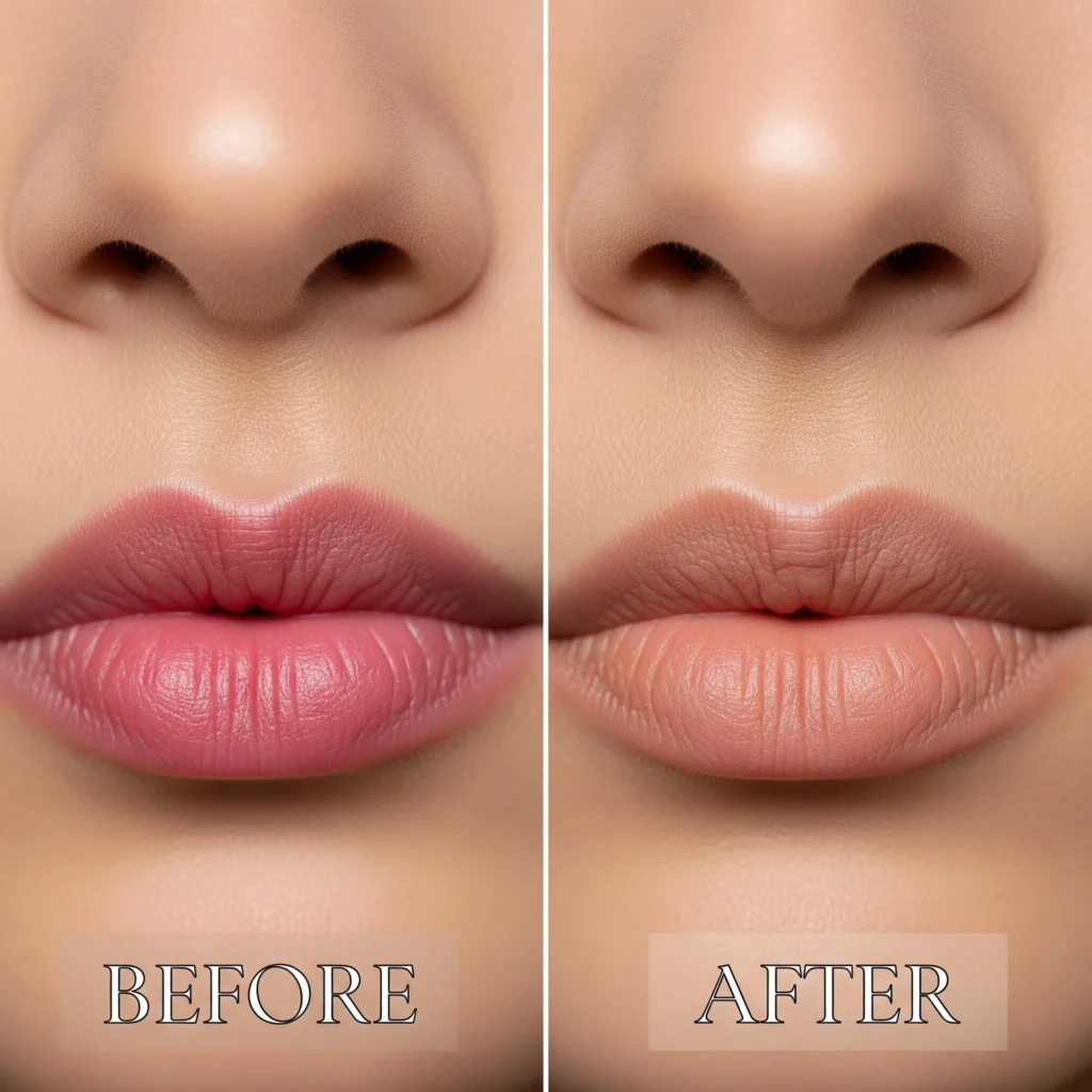 Split screen comparison showing natural pink lips before and neutralized flesh-toned lips after applying MAC Pro Lip Erase color corrector