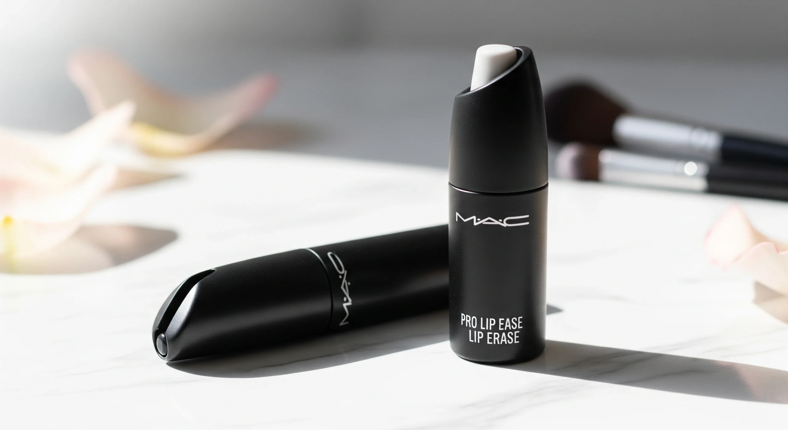 MAC Pro Lip Erase black twist-up tube on white marble surface with soft lighting and beauty accessories in background for professional product review