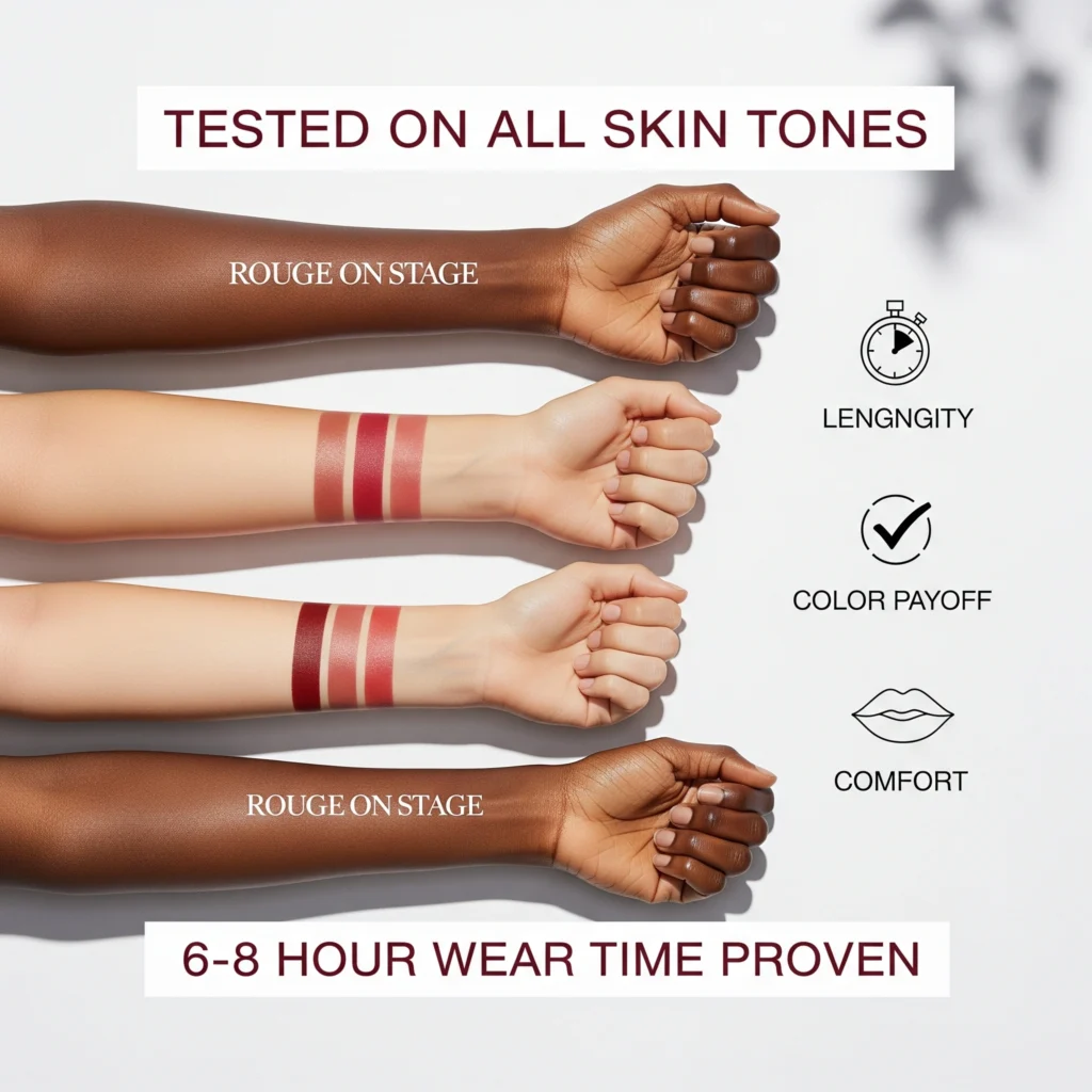 Rouge Dior On Stage Lipstick swatches tested on multiple skin tones showing 6-8 hour wear time and color payoff results