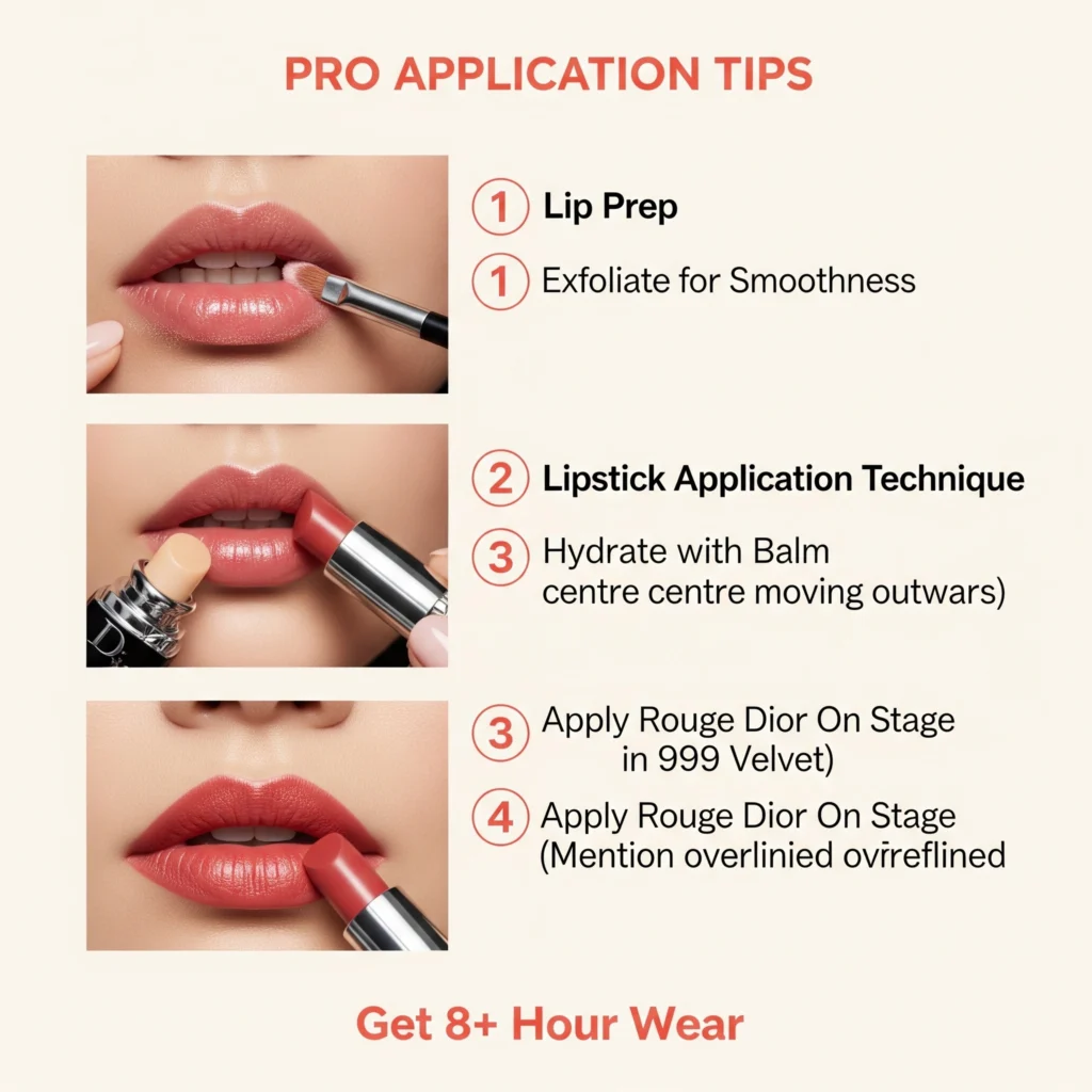 Step-by-step Rouge Dior On Stage Lipstick application tutorial showing professional technique for 8+ hour wear
