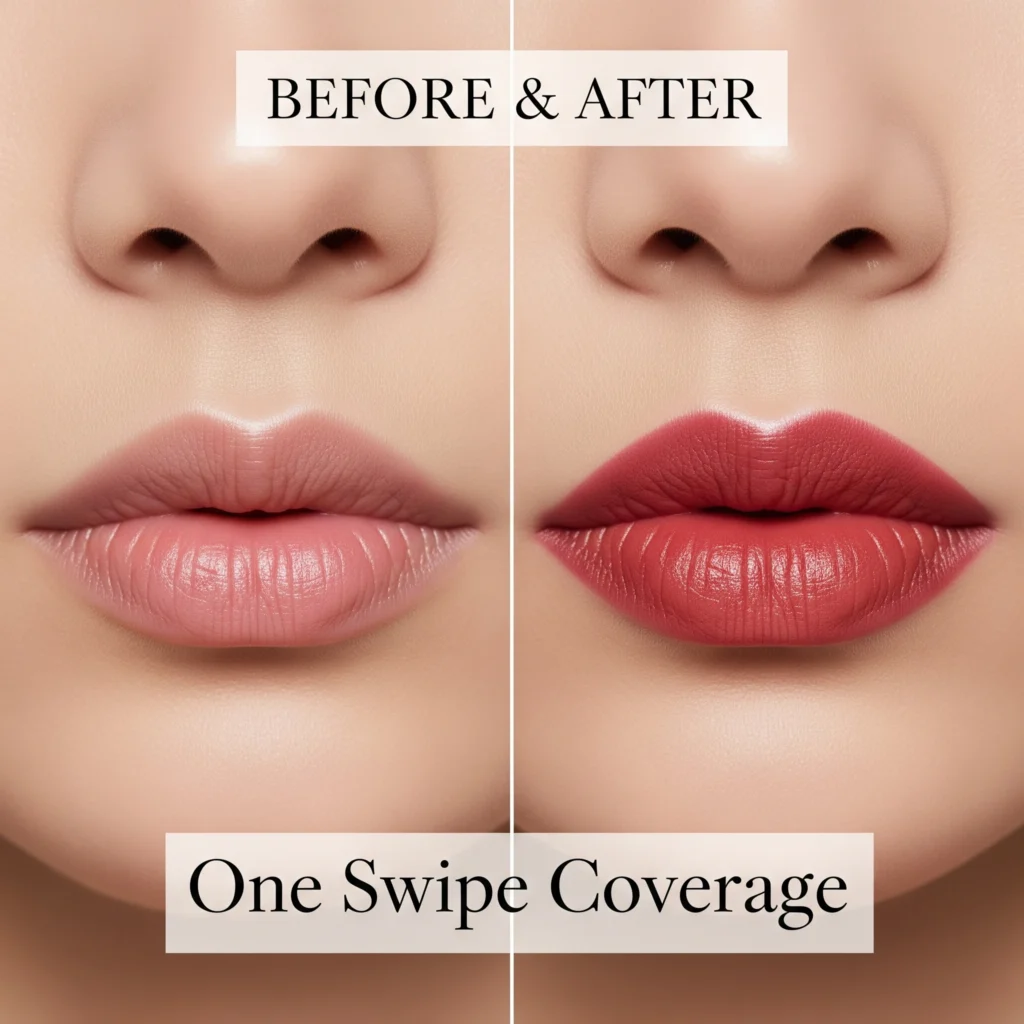 Before and after Rouge Dior On Stage Lipstick application showing dramatic one-swipe coverage and color transformation