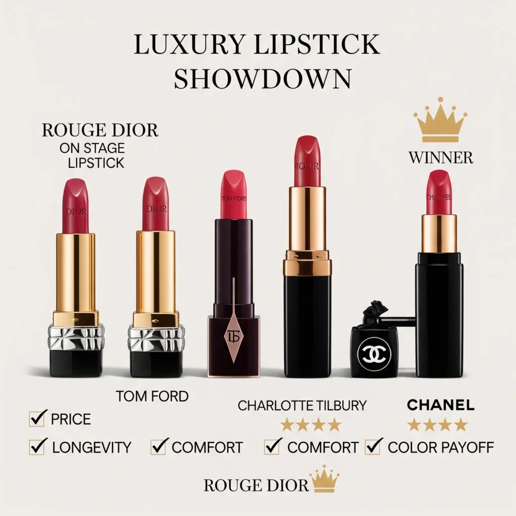 Rouge Dior On Stage Lipstick comparison with Tom Ford, Charlotte Tilbury, and Chanel luxury lipsticks showing ratings"