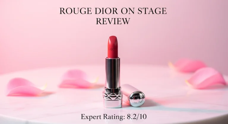 Rouge Dior On Stage Lipstick professional review with 8.2/10 expert rating displayed on luxury marble background with rose petals