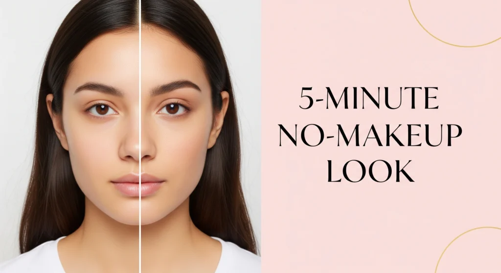 Before and after comparison showing a woman's face with natural skin on left and subtle no-makeup makeup look on right, featuring 5-minute makeup tutorial text overlay