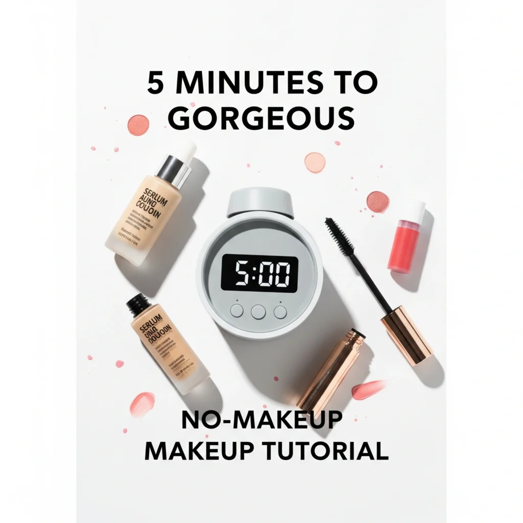 Alarm clock showing 5 minutes surrounded by essential makeup products including serum foundation with time-saving beauty tutorial text overlay