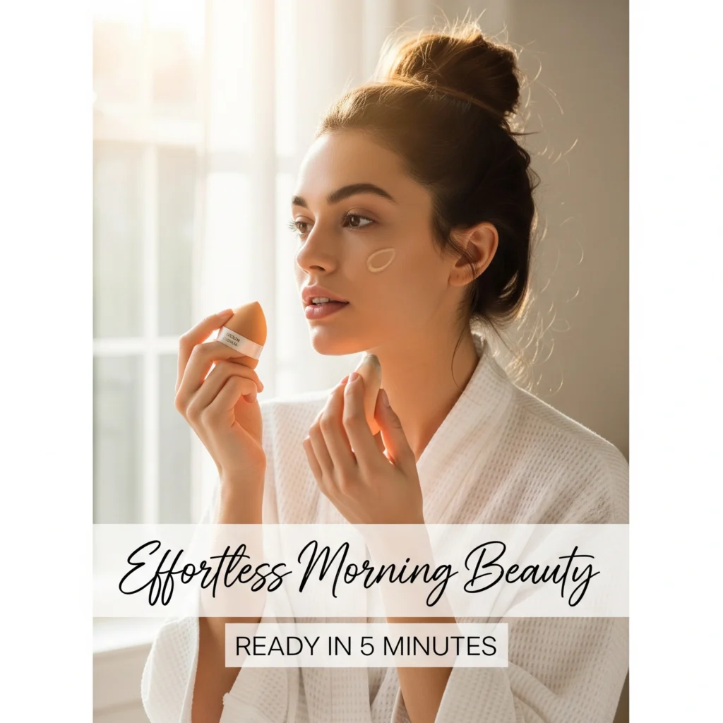 Young woman applying serum foundation with beauty sponge in natural morning light, wearing white robe with messy bun hairstyle and elegant text overlay