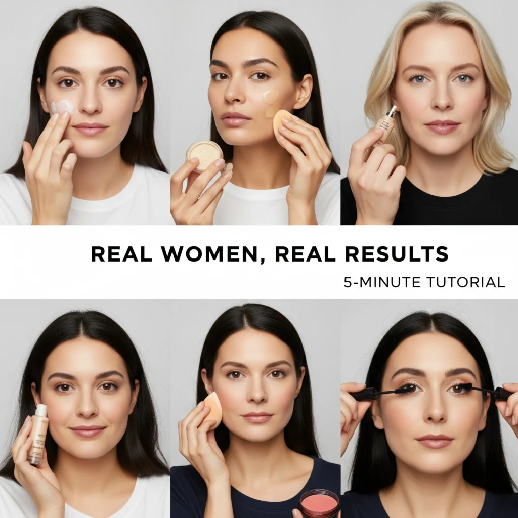 Collage of five diverse real women demonstrating different steps of quick morning makeup routine with natural expressions and authentic beauty moments