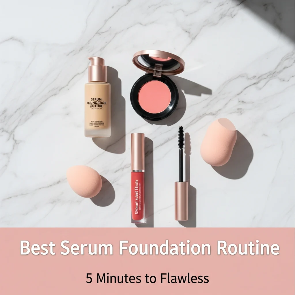 Flat lay of natural makeup products including serum foundation, cream blush, mascara and beauty tools arranged on marble surface with tutorial text
