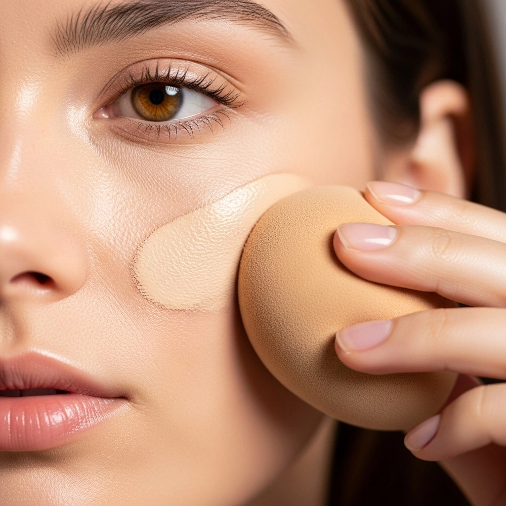 Close-up of makeup application showing beauty sponge blending foundation for cloud skin technique