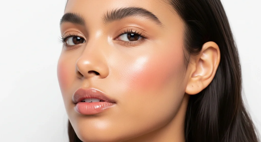 Young woman showcasing cloud skin makeup technique with natural dewy glow and minimal coverage in professional beauty photography