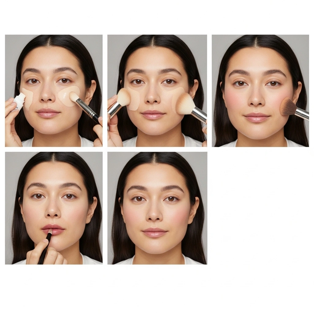 Five-stage cloud skin makeup application process shown in grid format from primer to finished natural look