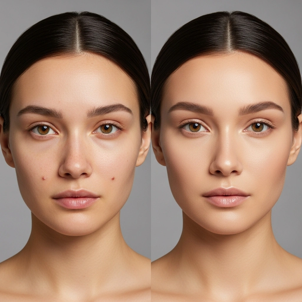 Before and after comparison showing natural bare skin versus cloud skin makeup transformation on the same woman