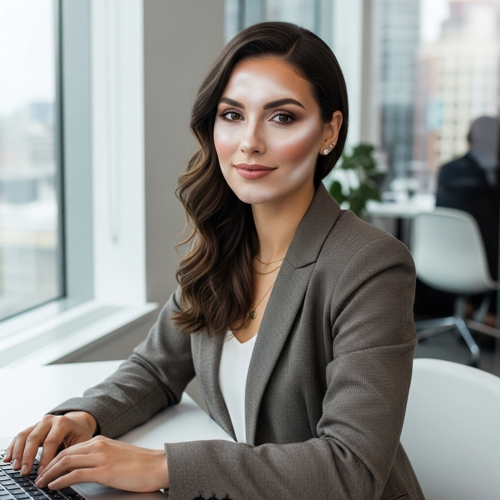 Professional woman wearing cloud skin makeup in modern office environment demonstrating workplace-appropriate natural beauty look