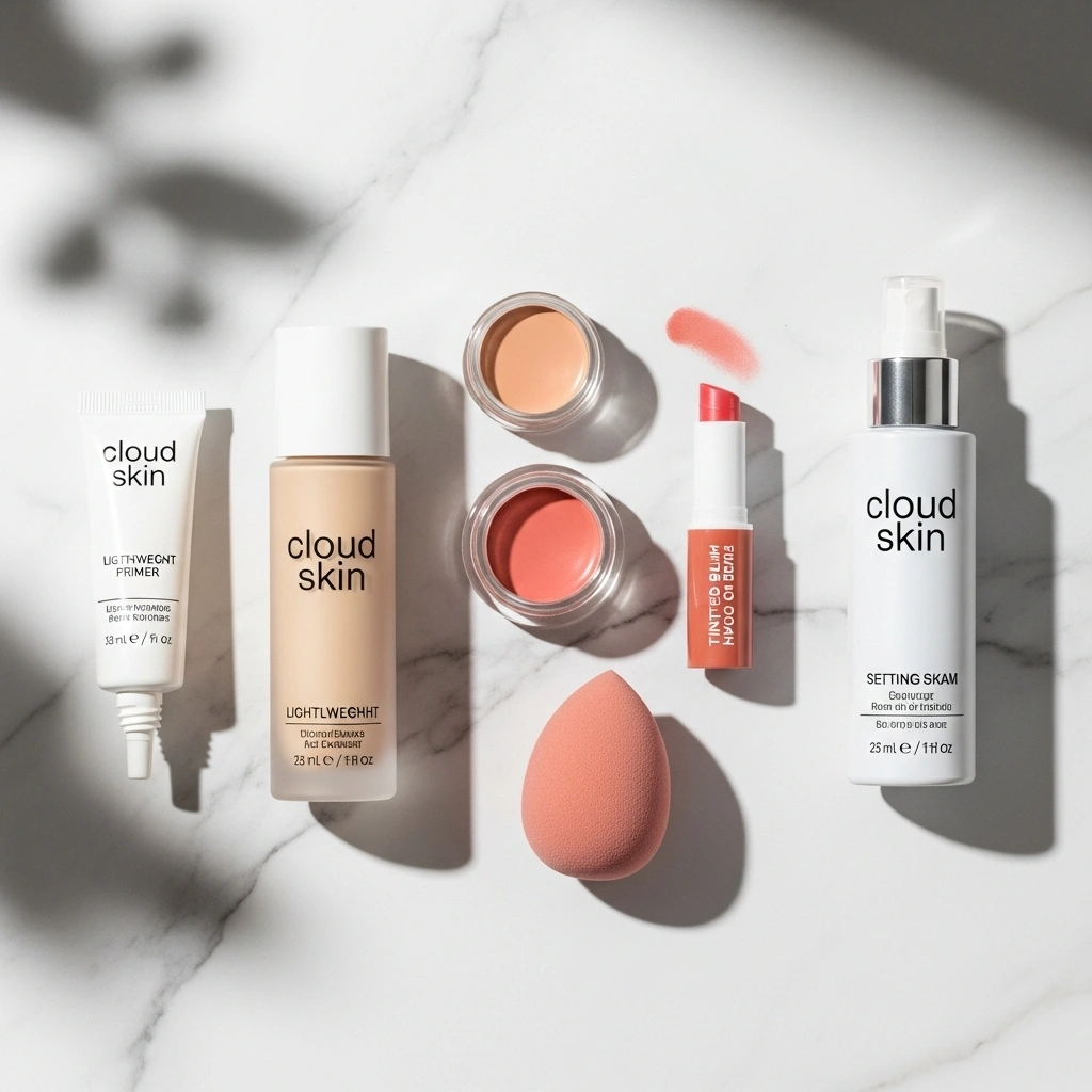 Flatlay arrangement of cloud skin makeup products including foundation, cream blush, lip balm and beauty tools on marble surface