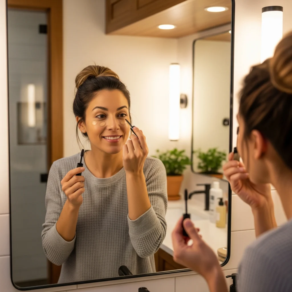 Flat lay of essential products for a 5-minute natural makeup routine.