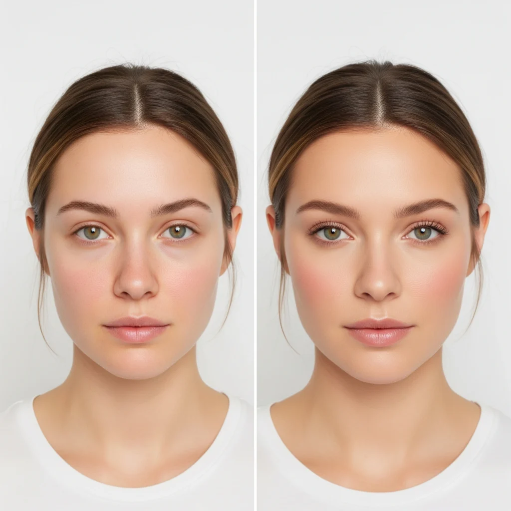 Side-by-side before and after of a woman transforming from bare face to radiant natural makeup.