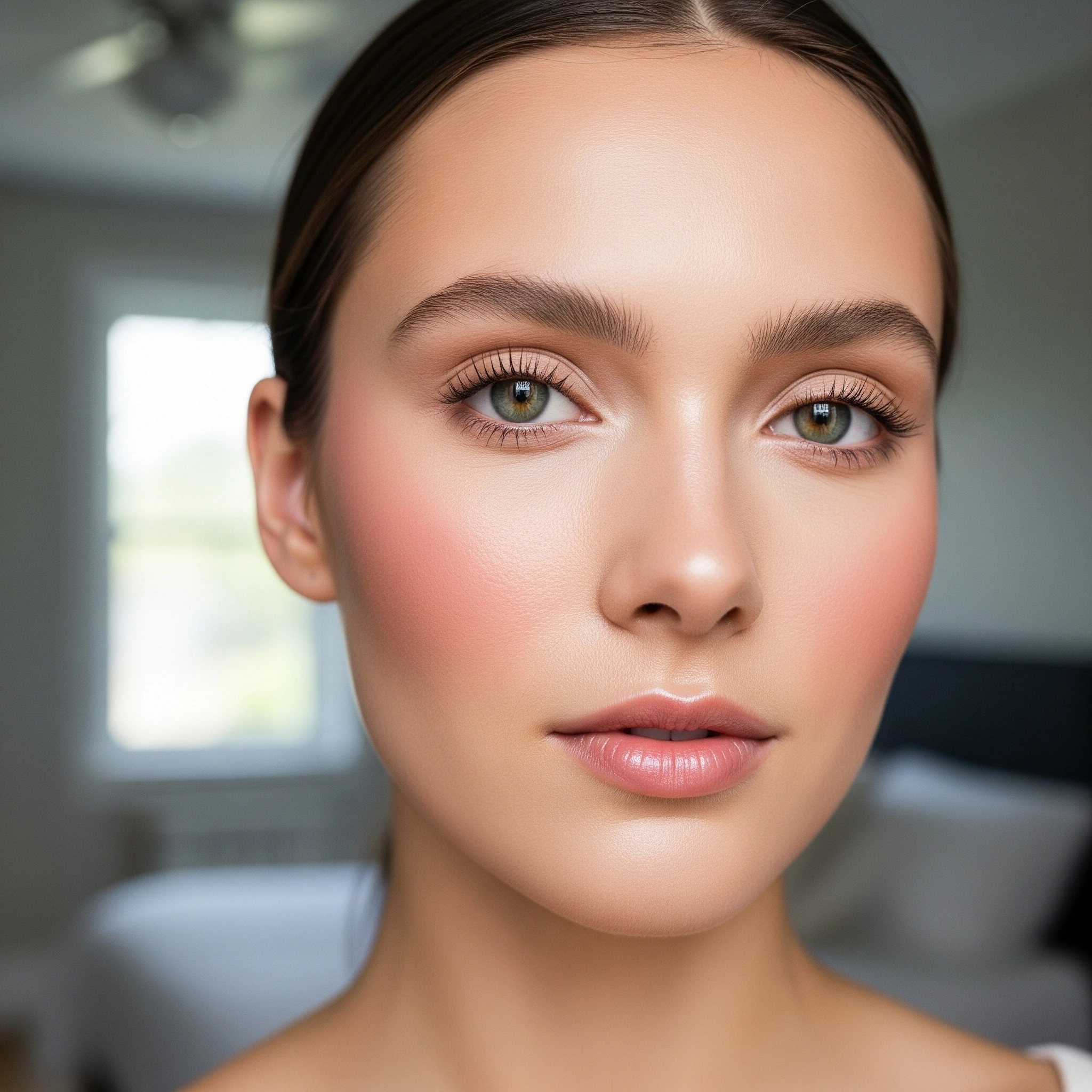 Close-up of smooth skin with light blush and mascara for a no-makeup makeup finish.