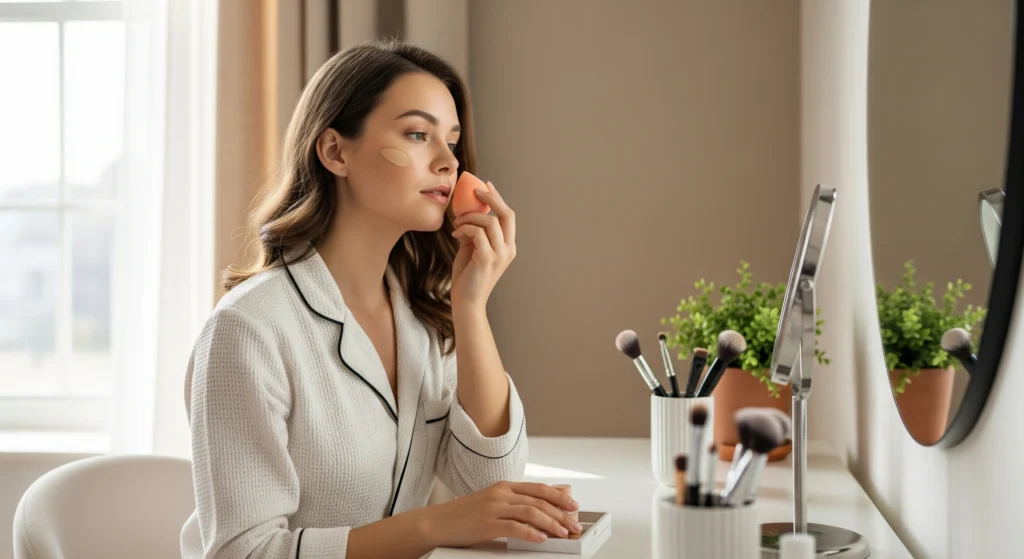 Woman applying diffused matte foundation with a beauty sponge for a quick natural look.