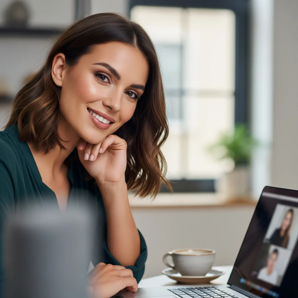 Professional woman on video call with glowing 5-minute makeup and coffee.
