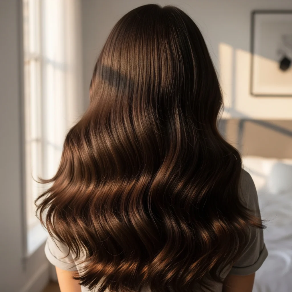 A woman with strong, shiny, healthy hair smiles confidently, showcasing the positive results of following a dedicated routine to prevent hair breakage.