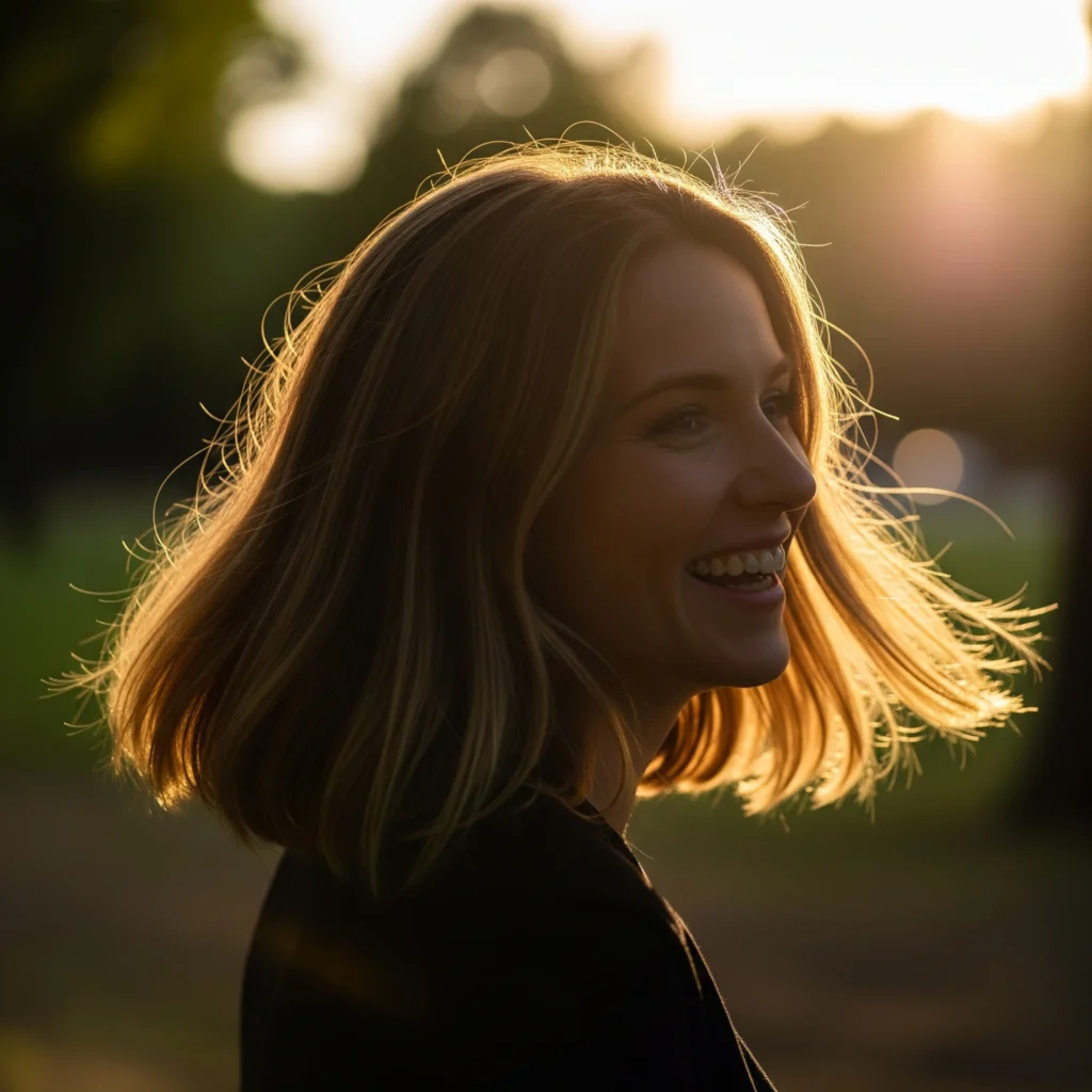 A woman with strong, shiny, healthy hair smiles confidently, showcasing the positive results of following a dedicated routine to prevent hair breakage.