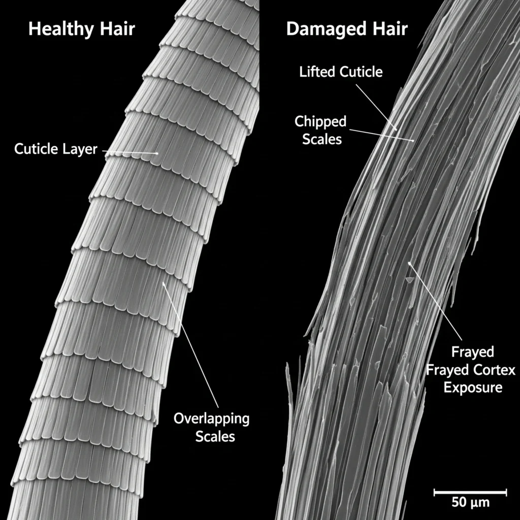 Microscopic comparison showing damaged hair cuticles versus healthy smooth hair cuticles after proper care routine