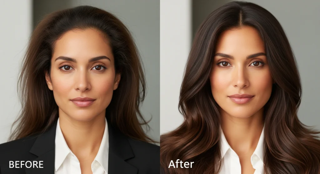 Before and after hair transformation showing woman with thinning hair vs thick healthy hair after natural treatment routine