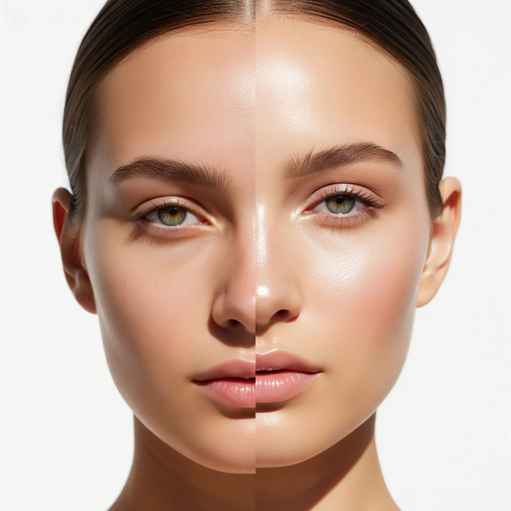Before and after comparison showing cloud skin makeup transformation from natural skin to dewy glowing finish