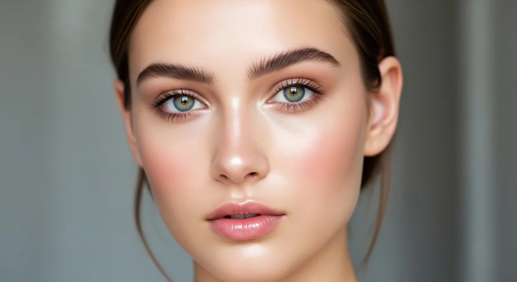 Young woman showcasing cloud skin makeup tutorial results with dewy, glowing complexion and minimal natural makeup look